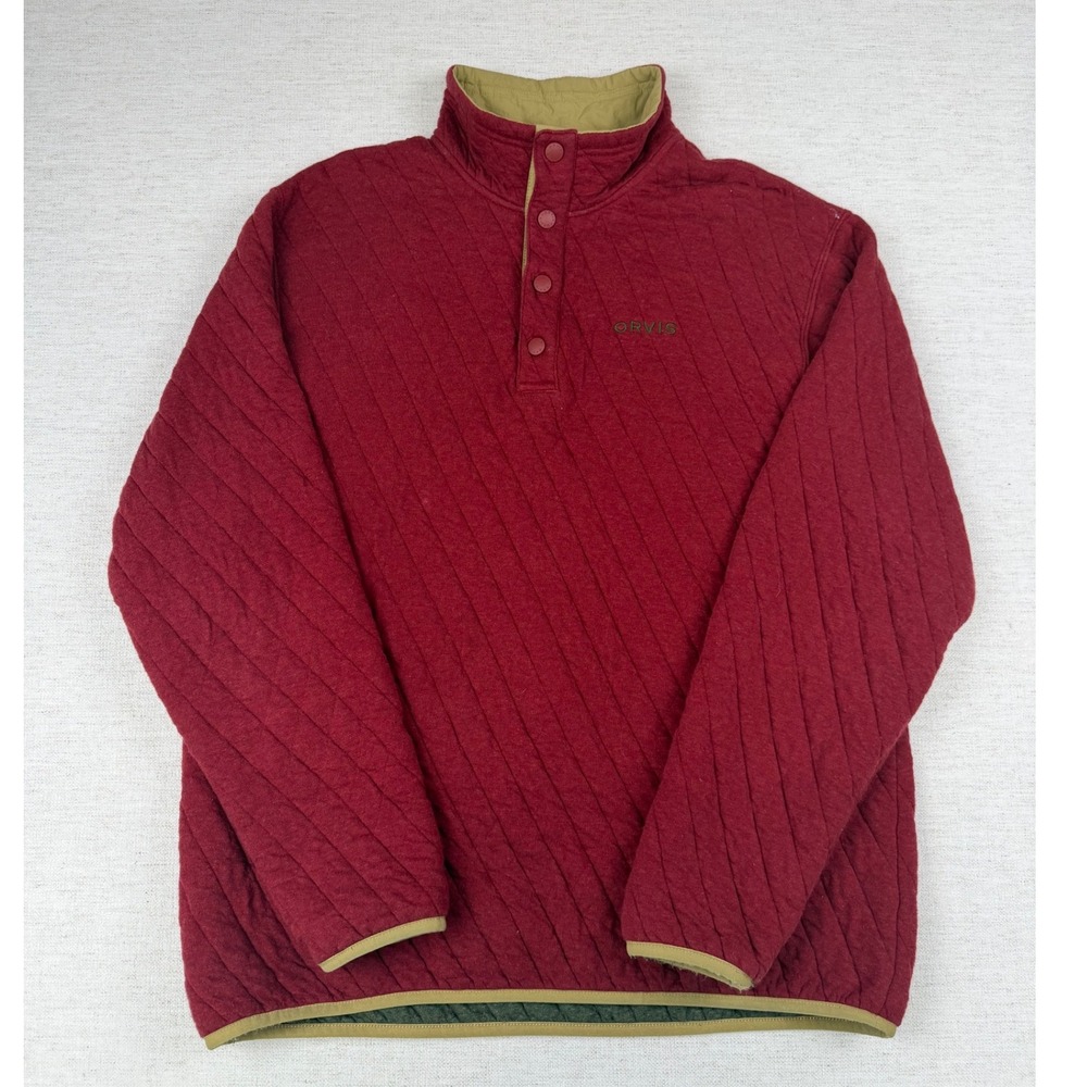Orvis Mens Quilted Snap Neck Pullover Sweater Burgundy Red Tan Trim Size